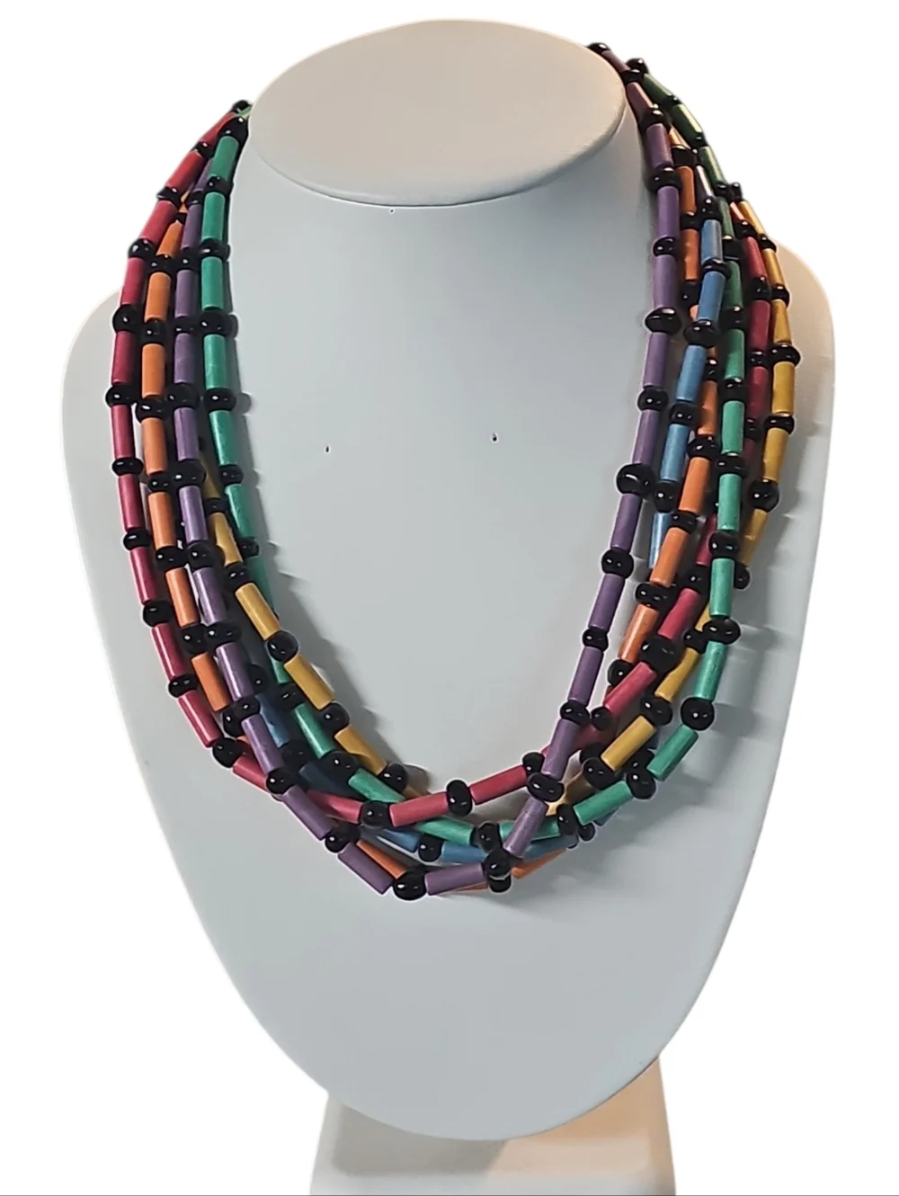 1980's Brite Multi Colored Lucite Tube Beads & Black Beads 6 Strand Necklace